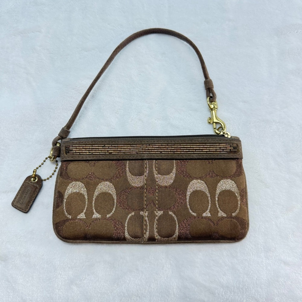 Coach Signature Lurex Beaded Embellishment Wristlet Brown Fabric Subtle Shimmer